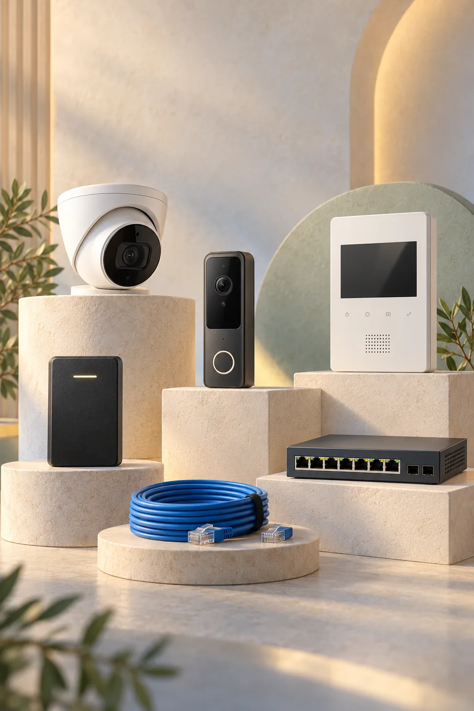 Illustration of a camera, video doorbell, intercom, door reader and network cabling