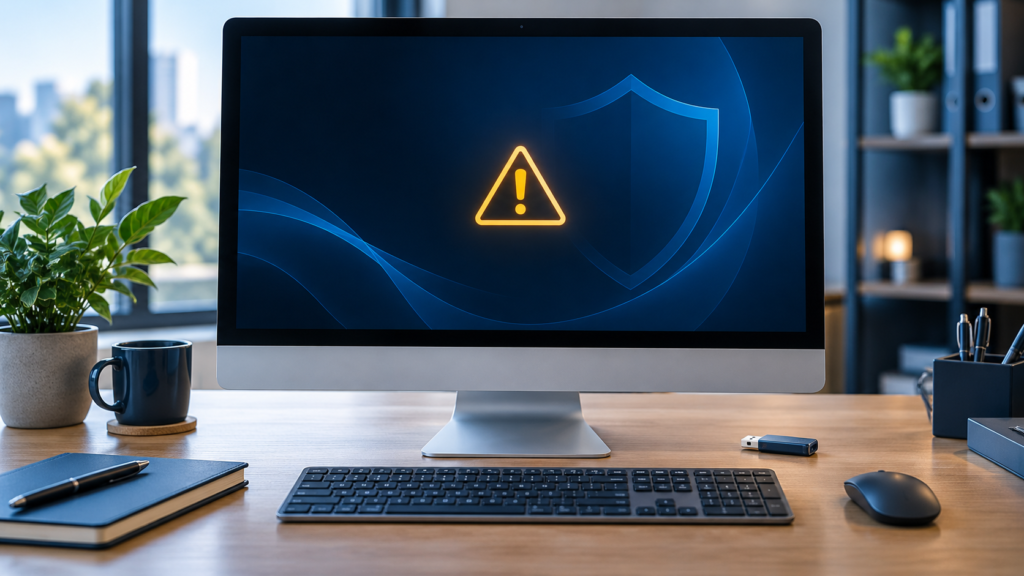 Illustration of a desktop computer displaying a startup warning and security shield